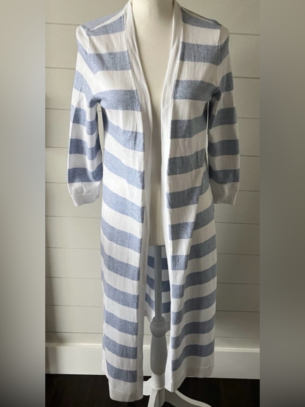 Talbots Pima Cotton Open Front Cardigan Duster Sweater S Small blue white stripe